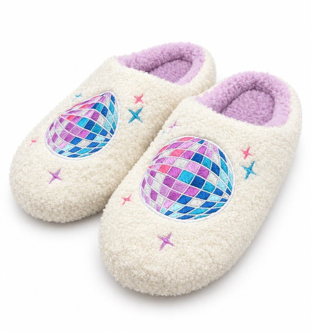 Joe Boxer Women’s Medium Ivory Purple Disco Ball Plush Slippers NWT
